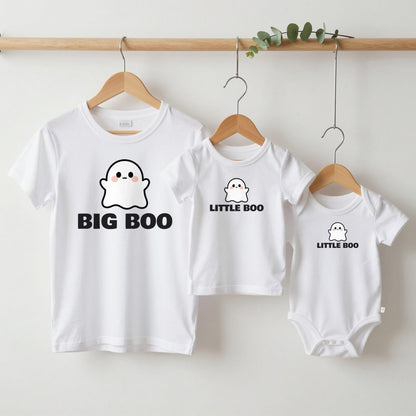 Big Boo & Little Boo Halloween matching set grown-up tee, kids tee and baby grow on hangers