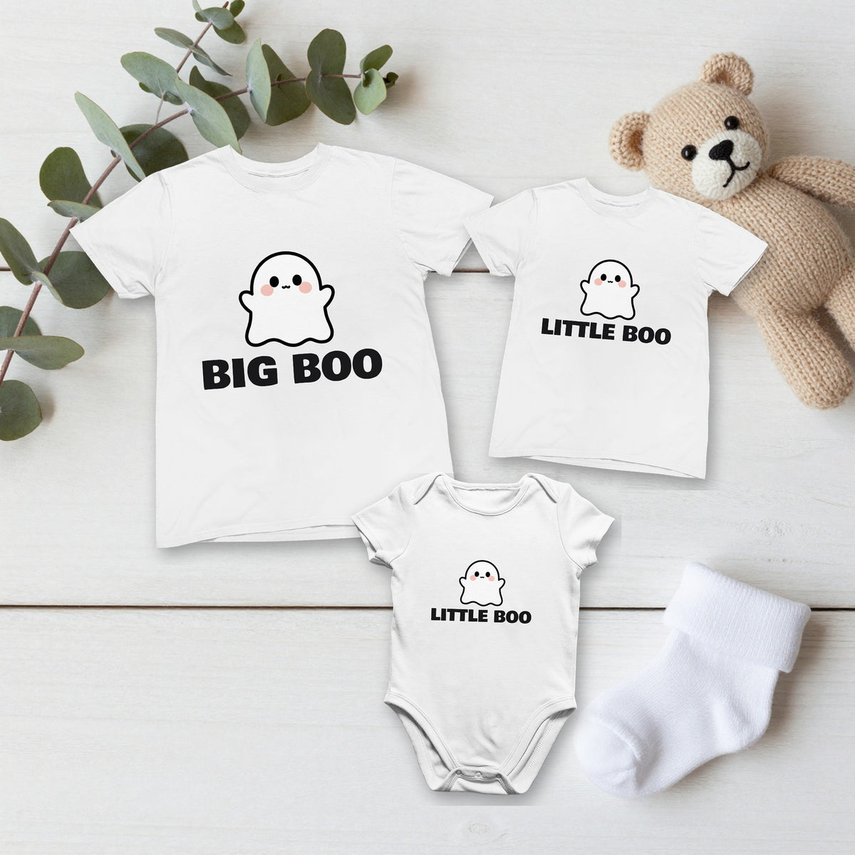 Big Boo & Little Boo Halloween matching set flat lay with kids tee