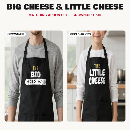 Big Cheese & Little Cheese matching apron set in Black: grown-up and kids aprons, our photo