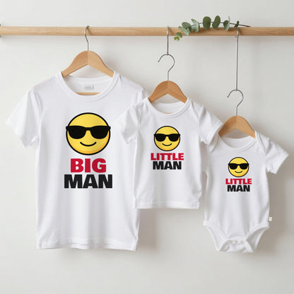 Big Man & Little Man matching set grown-up tee, kids tee and baby grow on hangers