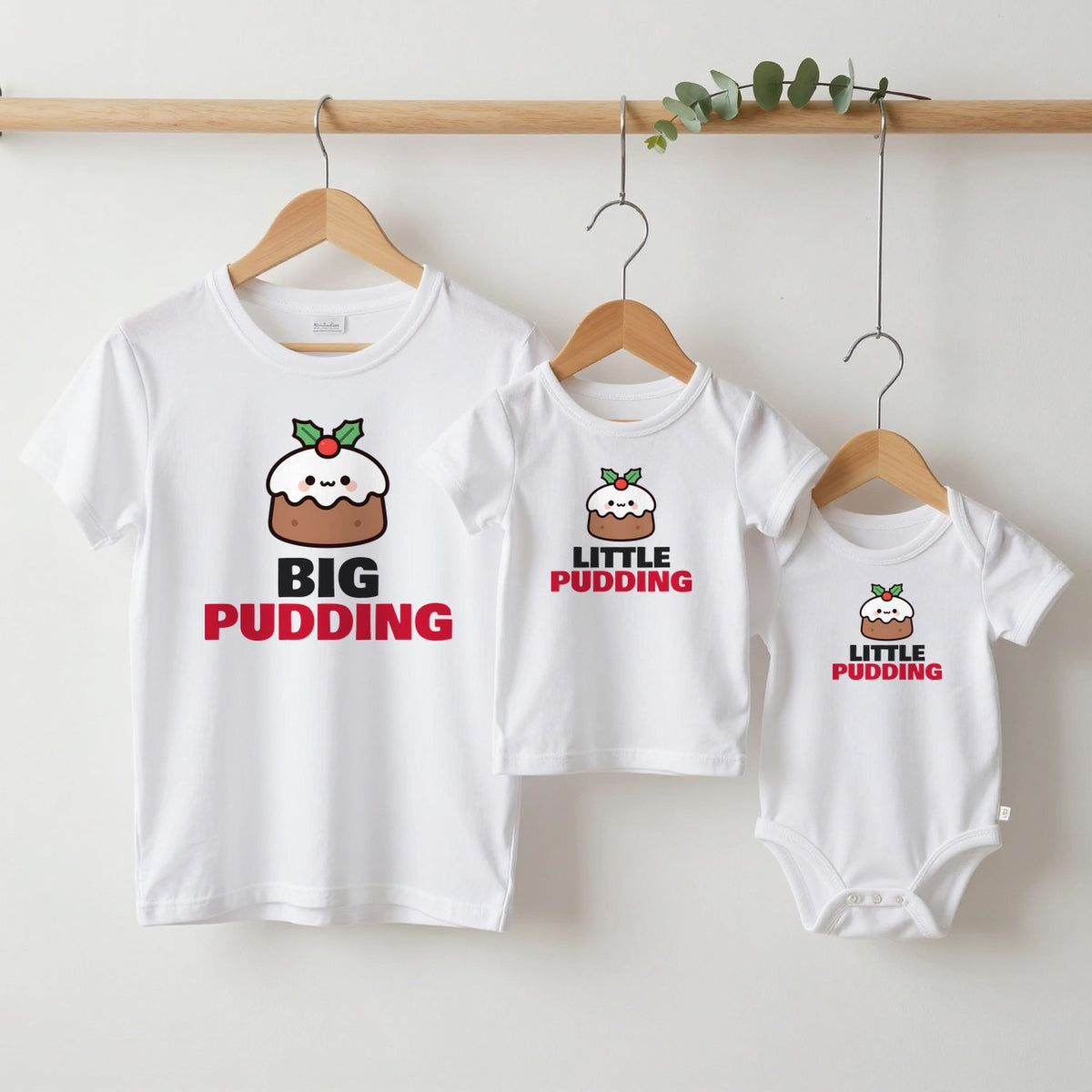 Big Pudding & Little Pudding Christmas matching set grown-up tee, kids tee and baby grow on hangers