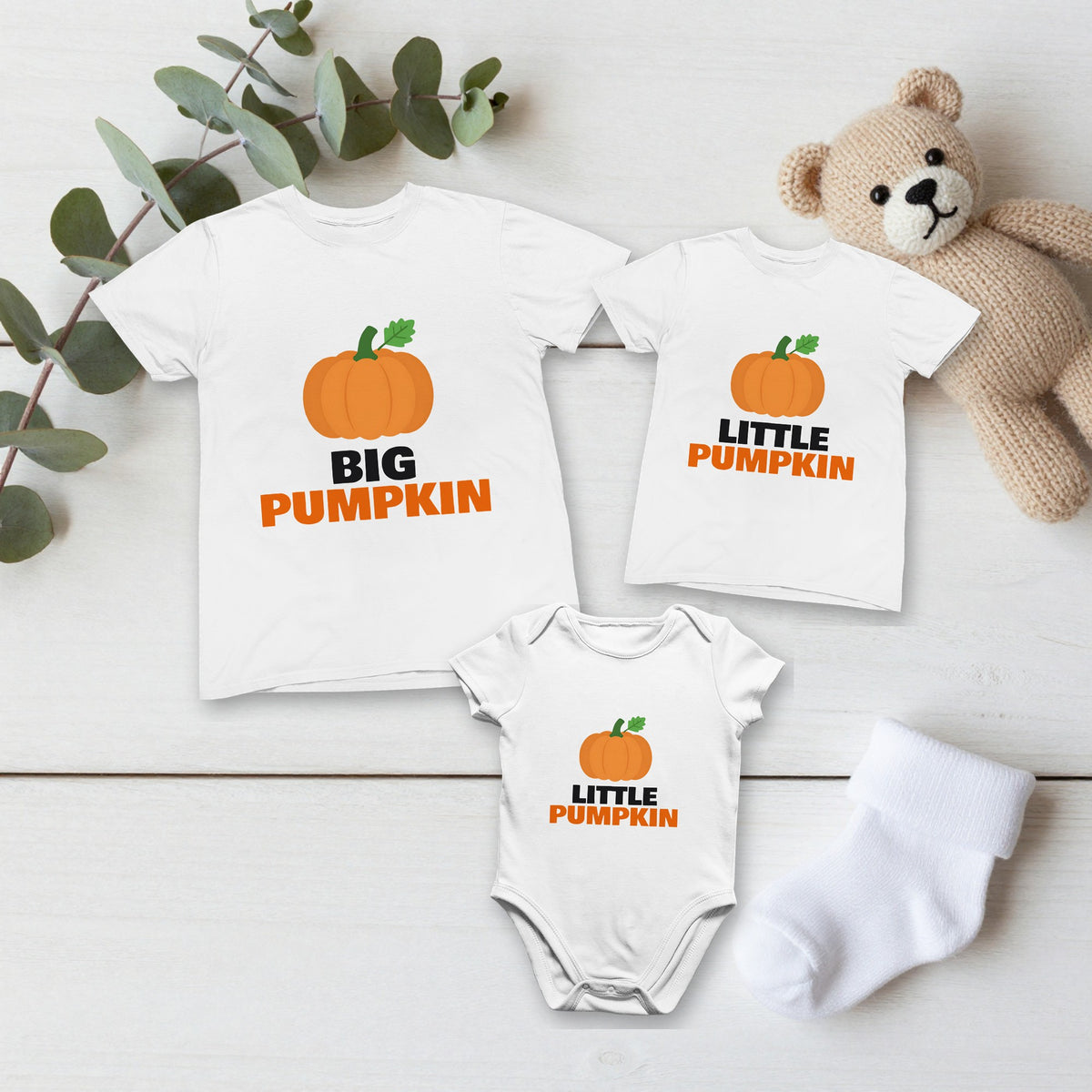Big Pumpkin & Little Pumpkin Halloween matching set flat lay with kids tee