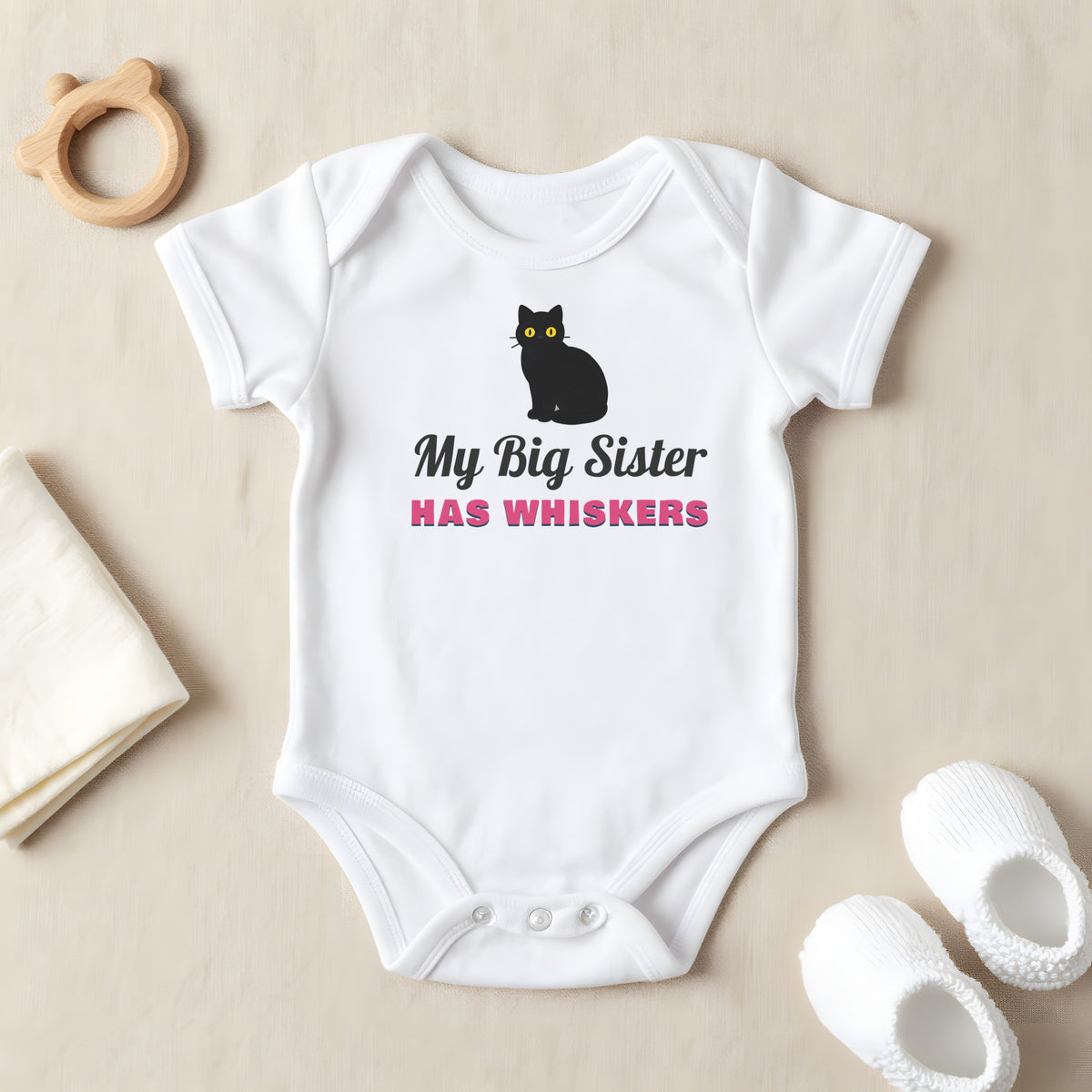 My Big Sister Has Whiskers baby grow laid flat