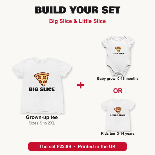 Big Slice & Little Slice matching set build your set: grown-up tee with baby grow or kids tee