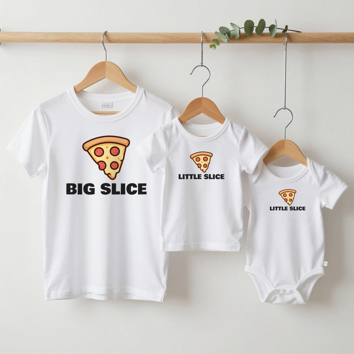 Big Slice & Little Slice matching set grown-up tee, kids tee and baby grow on hangers