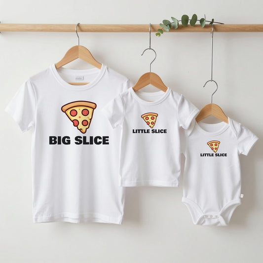 Big Slice & Little Slice matching set grown-up tee, kids tee and baby grow on hangers
