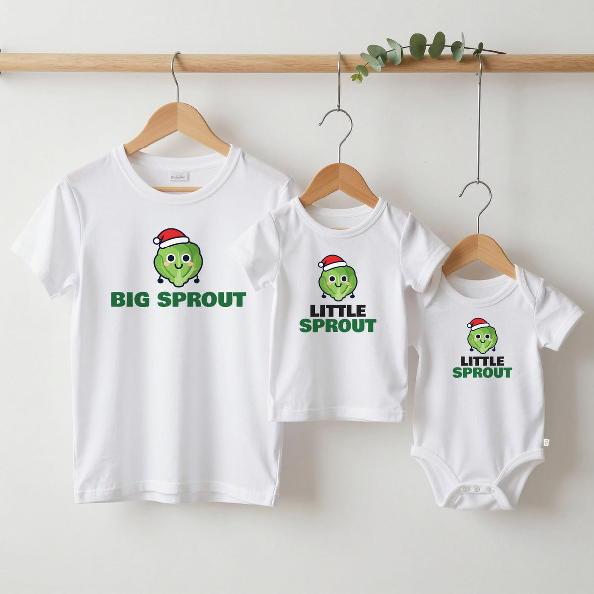 Big Sprout & Little Sprout Christmas matching set grown-up tee, kids tee and baby grow on hangers