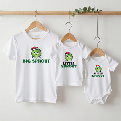 Big Sprout & Little Sprout Christmas matching set grown-up tee, kids tee and baby grow on hangers