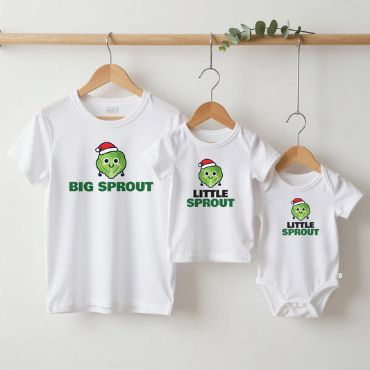 Big Sprout & Little Sprout Christmas matching set grown-up tee, kids tee and baby grow on hangers