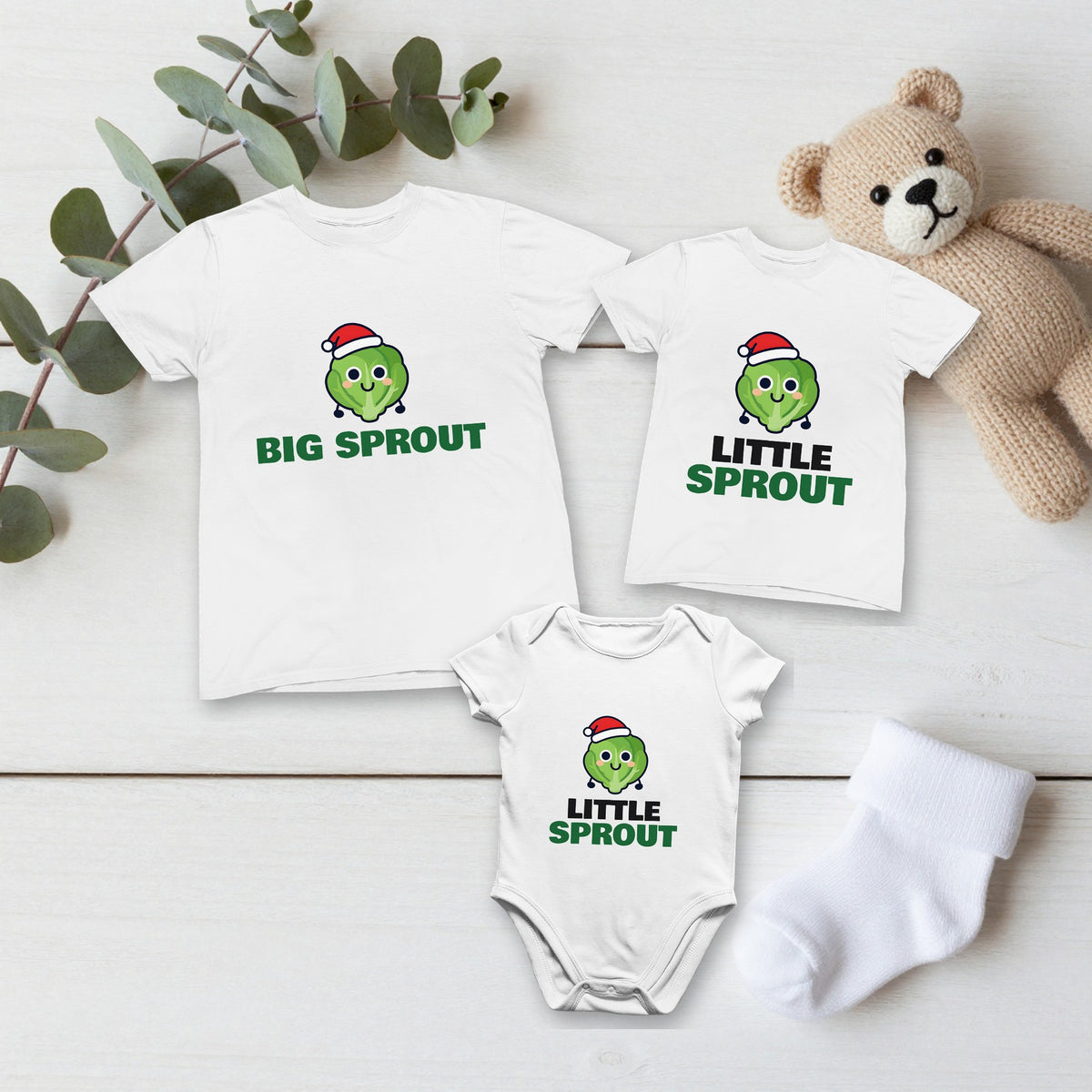 Big Sprout & Little Sprout Christmas matching set flat lay with kids tee