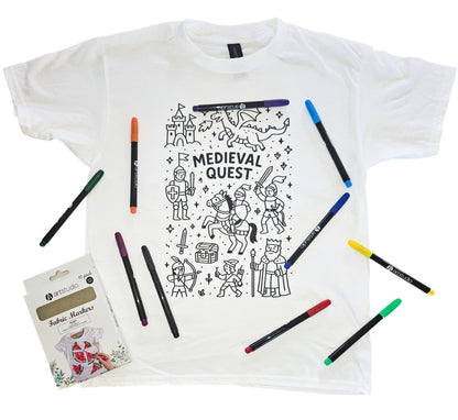 child wearing completed colour-in t-shirt decorated with fabric markers