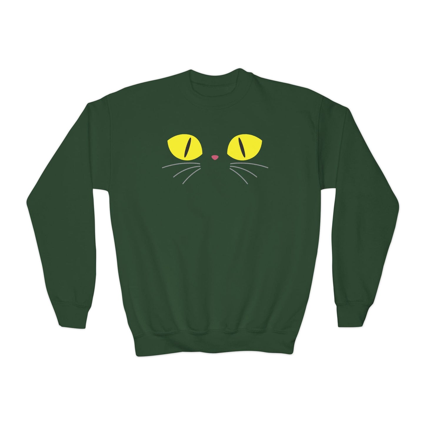 forest green kids Halloween sweatshirt with minimalist black cat eyes design