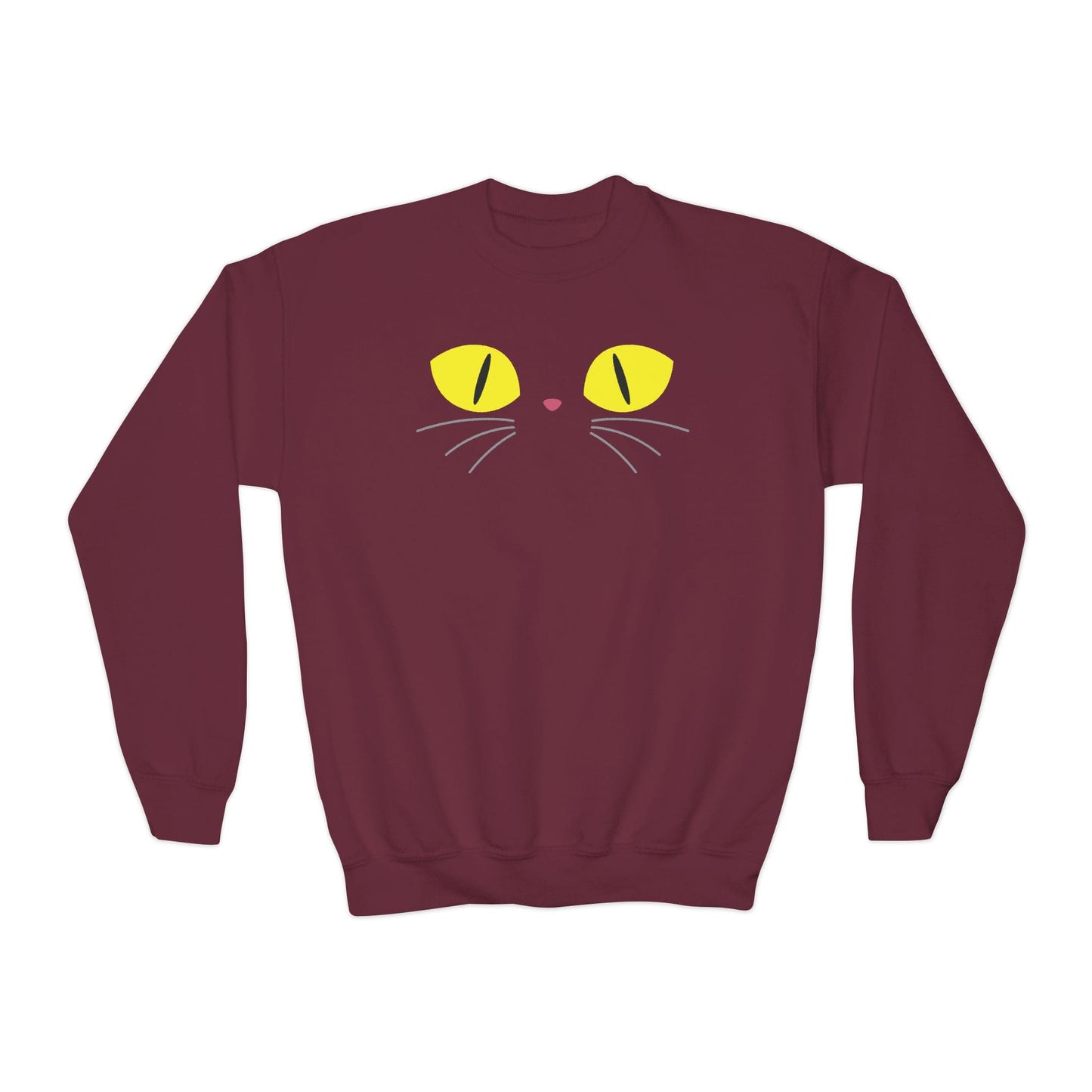 maroon kids sweatshirt with black cat face and glowing yellow eyes Halloween print