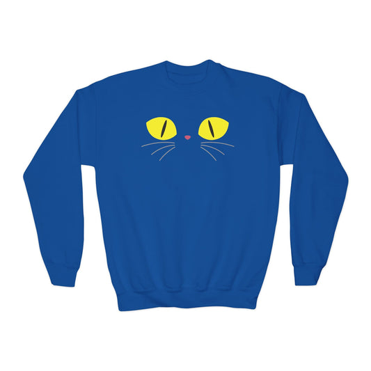royal blue kids Halloween sweatshirt with black cat eyes graphic for spooky season