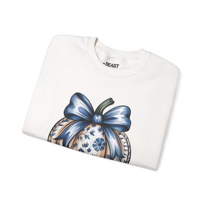 blue bow pumpkin sweatshirt lifestyle shot — coquette fall gift idea