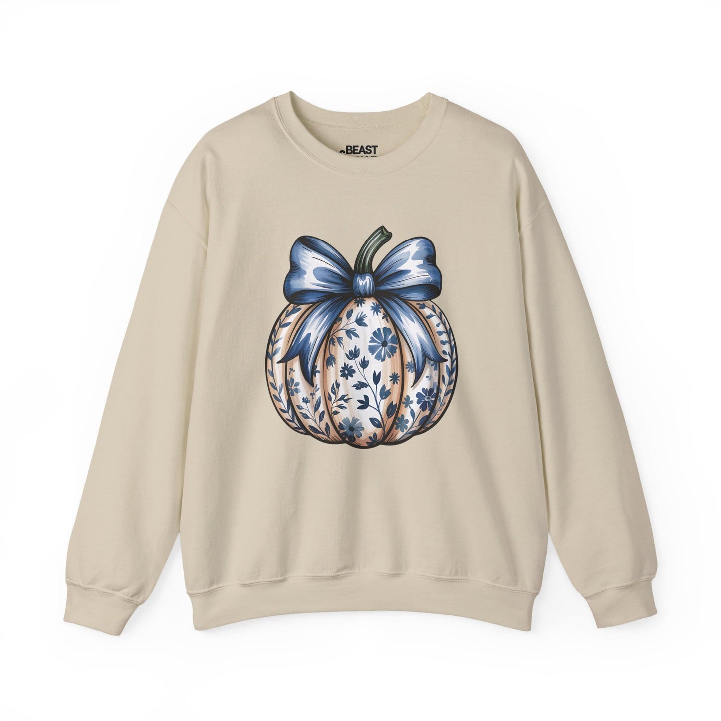 sand sweatshirt with blue bow pumpkin coquette graphic for autumn