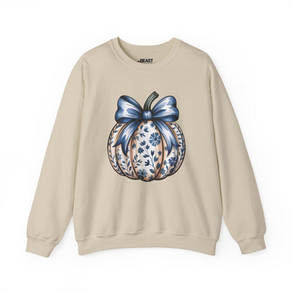 sand sweatshirt with blue bow pumpkin coquette graphic for autumn
