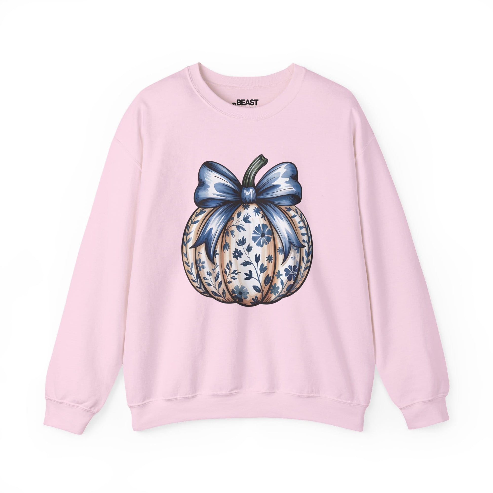 light pink sweatshirt with blue bow pumpkin design — coquette autumn gift for her
