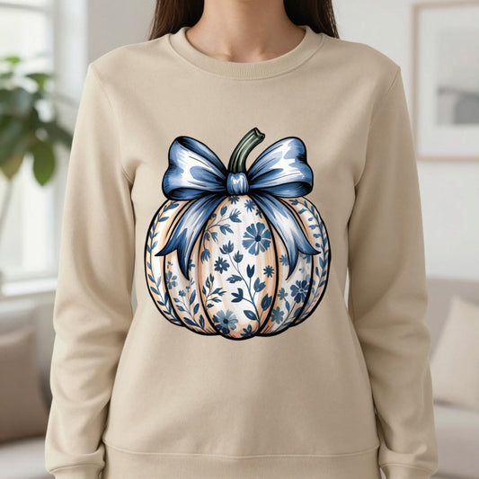 Blue Bow Pumpkin Sweatshirt worn, lifestyle photo