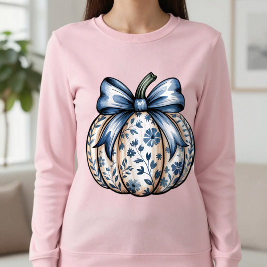 Blue Bow Pumpkin Sweatshirt in Light Pink, worn, our photo