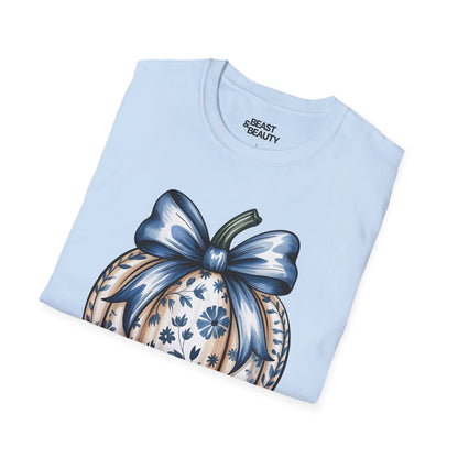 blue pumpkin bow graphic t-shirt styled for autumn casual wear