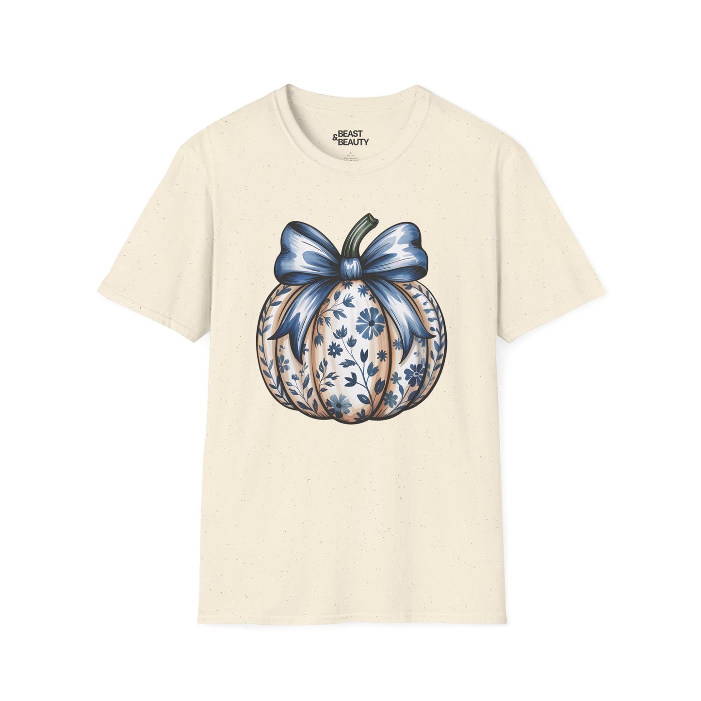 natural t-shirt with blue pumpkin bow graphic for Halloween season