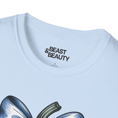 blue pumpkin bow t-shirt detail shot showing seasonal graphic print