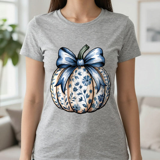 Blue Pumpkin Bow Graphic T-Shirt worn, lifestyle photo