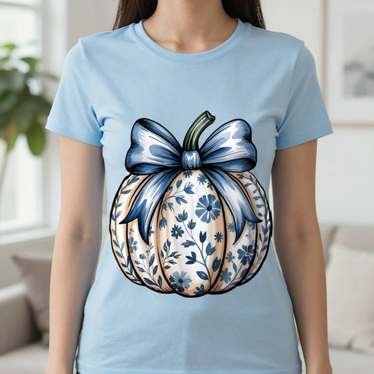 Blue Pumpkin Bow Graphic T-Shirt in Light Blue, worn, our photo
