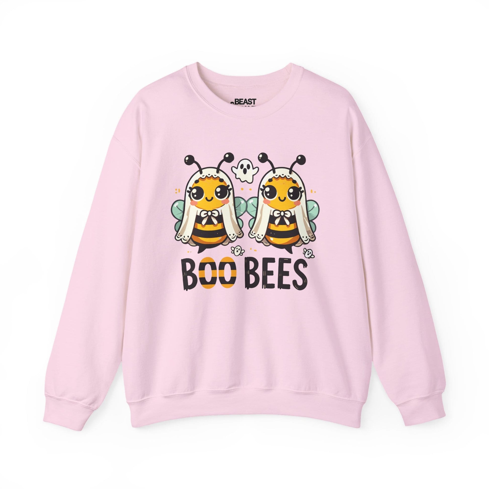 light pink sweatshirt with boo bees cute ghost bee halloween graphic