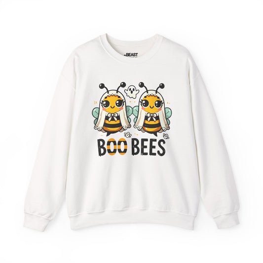 white sweatshirt with boo bees ghost bee pun design for halloween