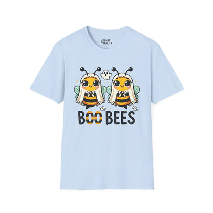 royal blue t-shirt with boo bees spooky season pun graphic
