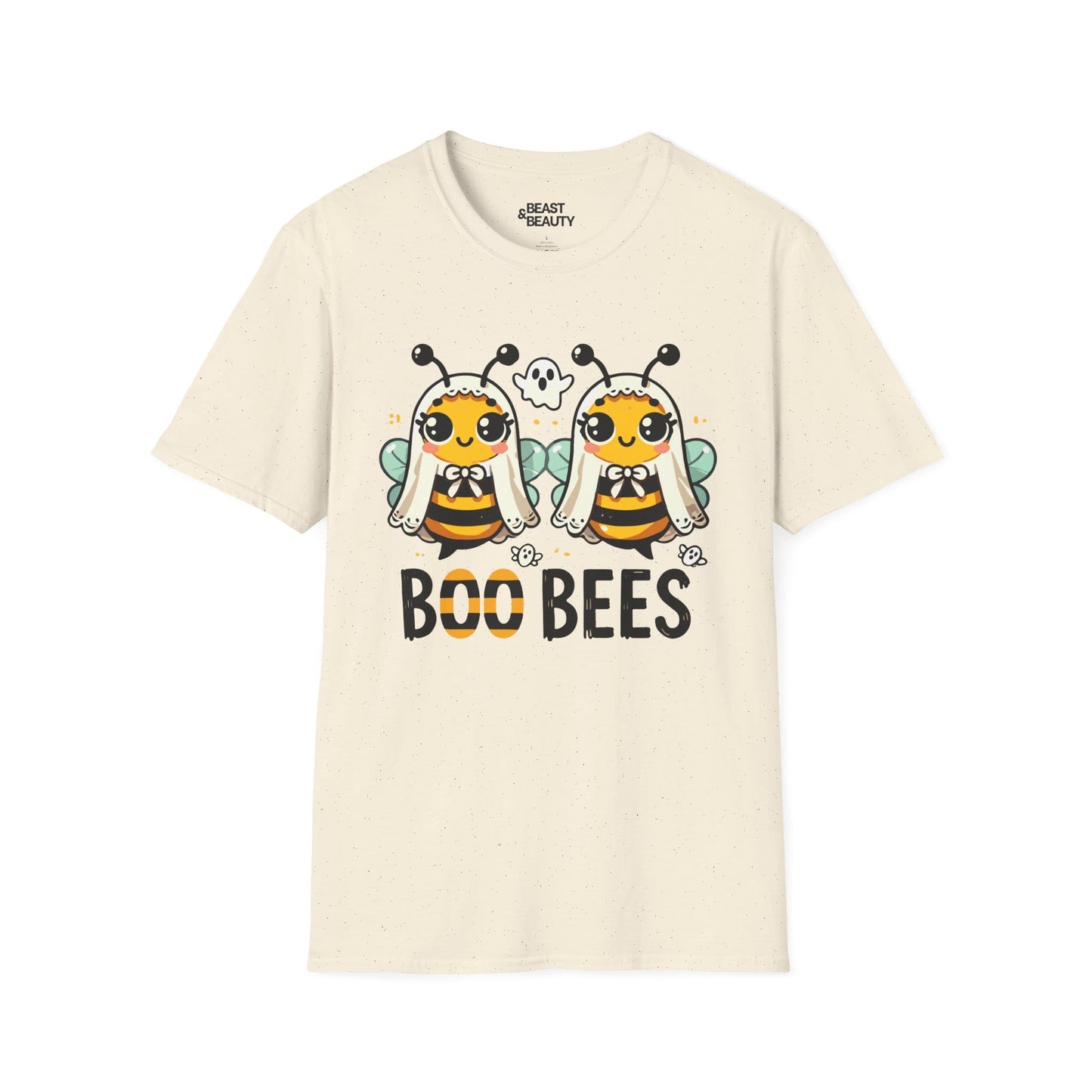 light blue t-shirt with boo bees ghost bee halloween pun graphic for adults