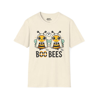 light blue t-shirt with boo bees ghost bee halloween pun graphic for adults