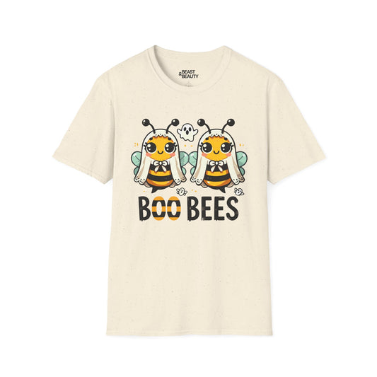 light blue t-shirt with boo bees ghost bee halloween pun graphic for adults