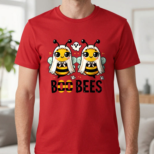 Boo Bees Funny Halloween Adult T-Shirt worn, lifestyle photo