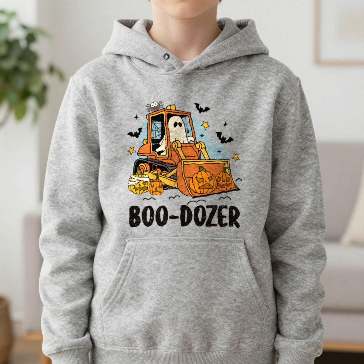 Boo-Dozer Halloween Construction Kids Hoodie in Sport Grey, worn, our photo