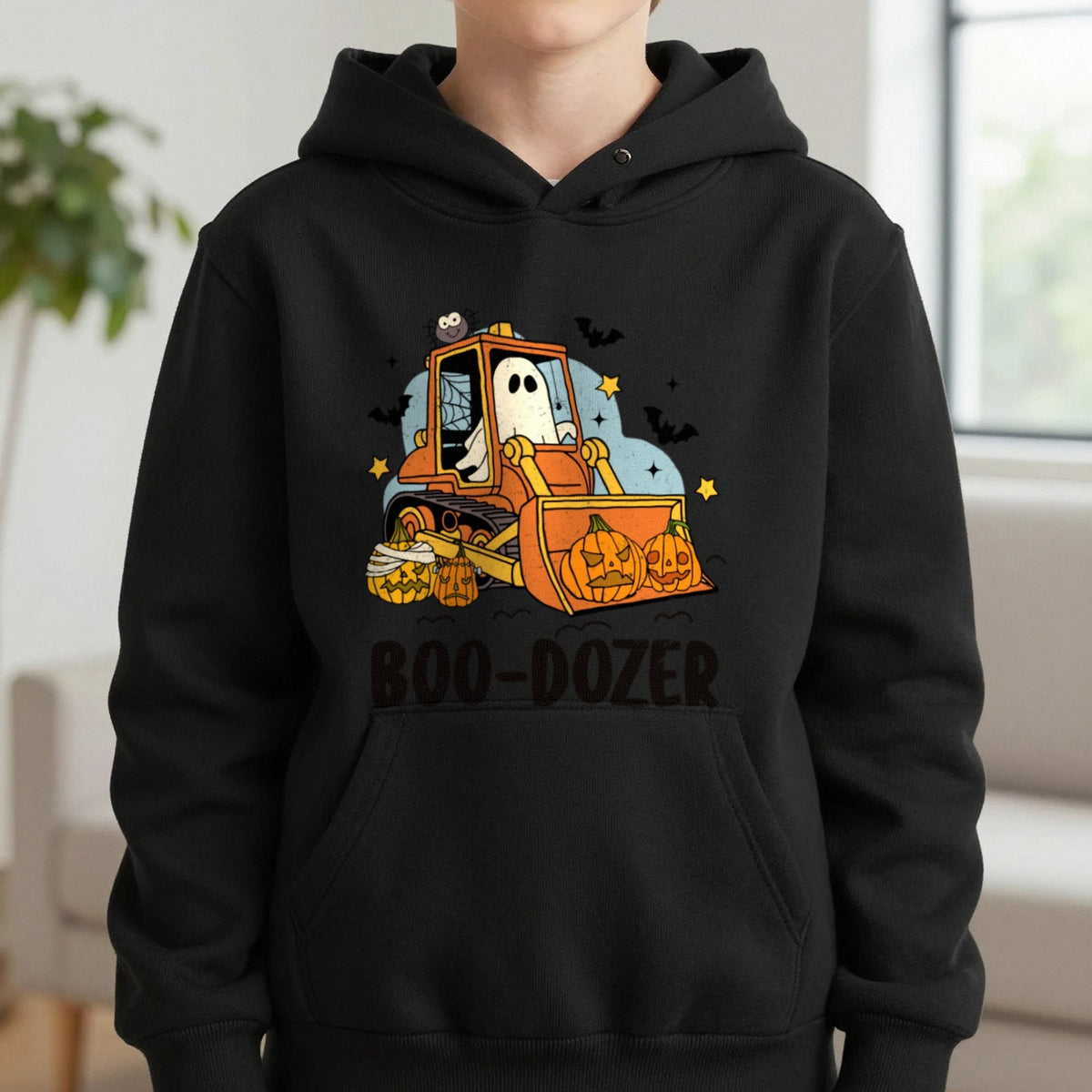 Boo-Dozer Halloween Construction Kids Hoodie in Black, worn, our photo