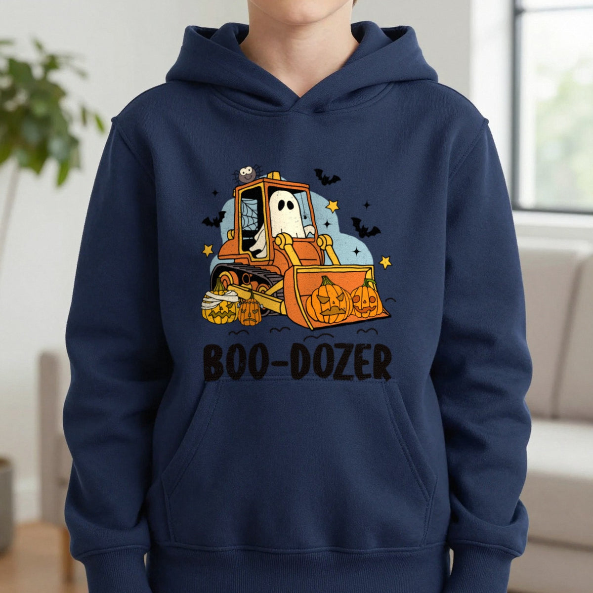 Boo-Dozer Halloween Construction Kids Hoodie in Navy, worn, our photo