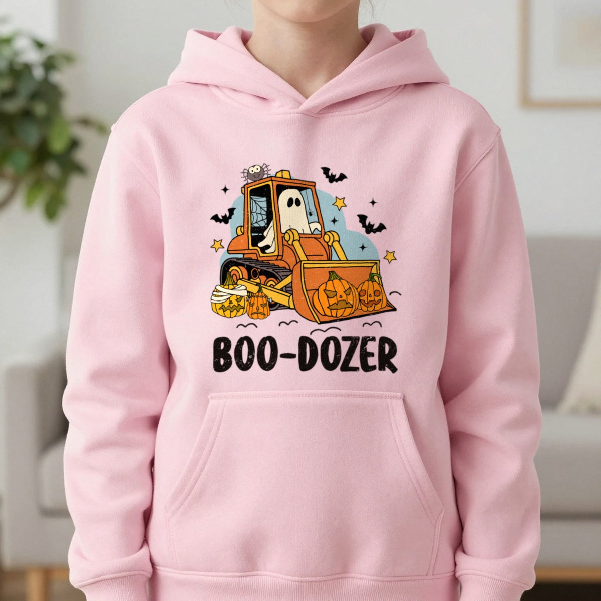 Boo-Dozer Halloween Construction Kids Hoodie in Light Pink, worn, our photo