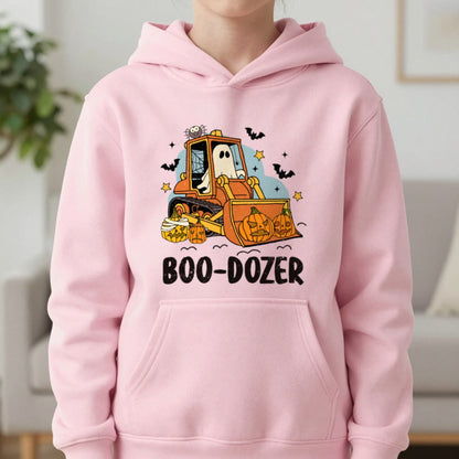 Boo-Dozer Halloween Construction Kids Hoodie in Light Pink, worn, our photo