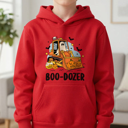 Boo-Dozer Halloween Construction Kids Hoodie in Red, worn, our photo