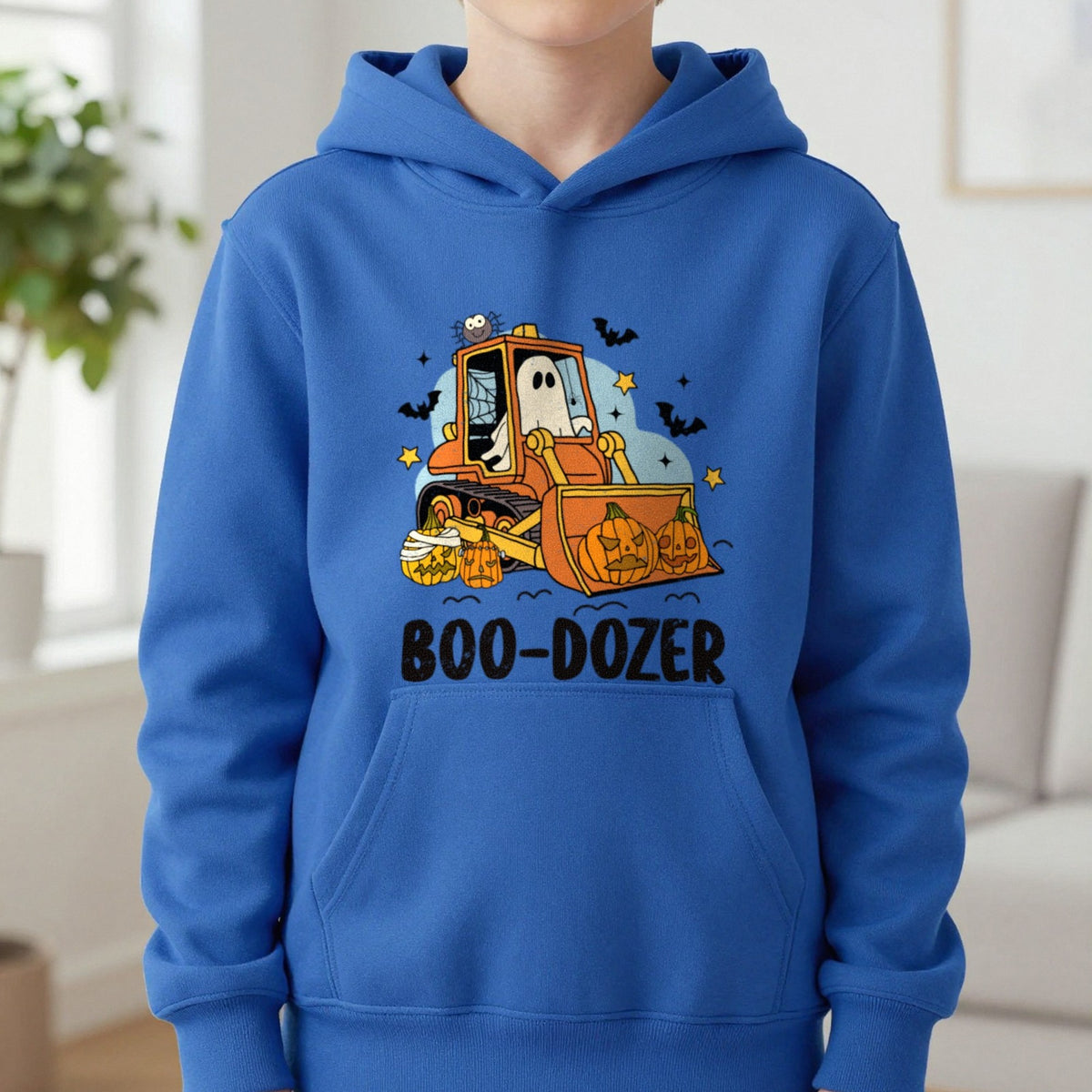 Boo-Dozer Halloween Construction Kids Hoodie in Royal, worn, our photo