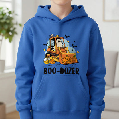 Boo-Dozer Halloween Construction Kids Hoodie in Royal, worn, our photo