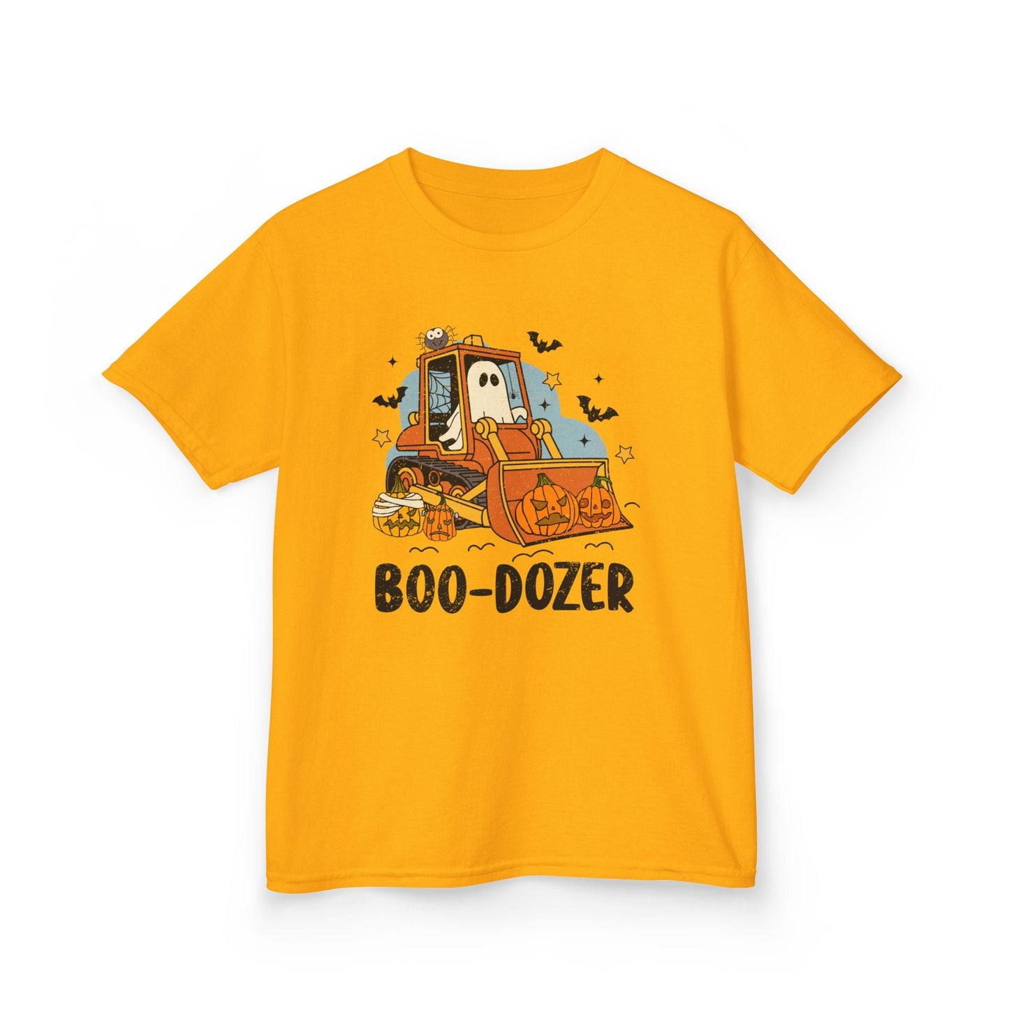 gold kids t-shirt with boo-dozer halloween ghost bulldozer graphic for spooky season