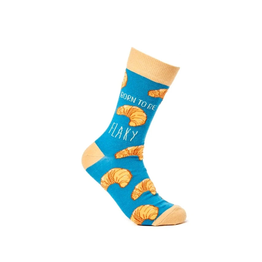 second colour option born to be flaky funny food socks with croissant graphic