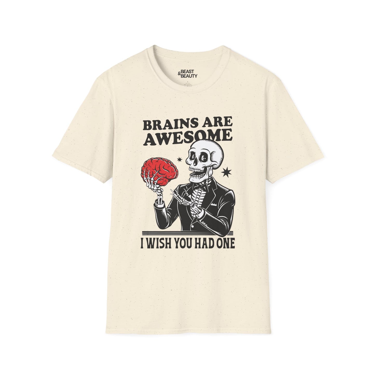 natural colour t-shirt with funny halloween skeleton brain slogan graphic tee