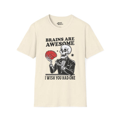 natural colour t-shirt with funny halloween skeleton brain slogan graphic tee