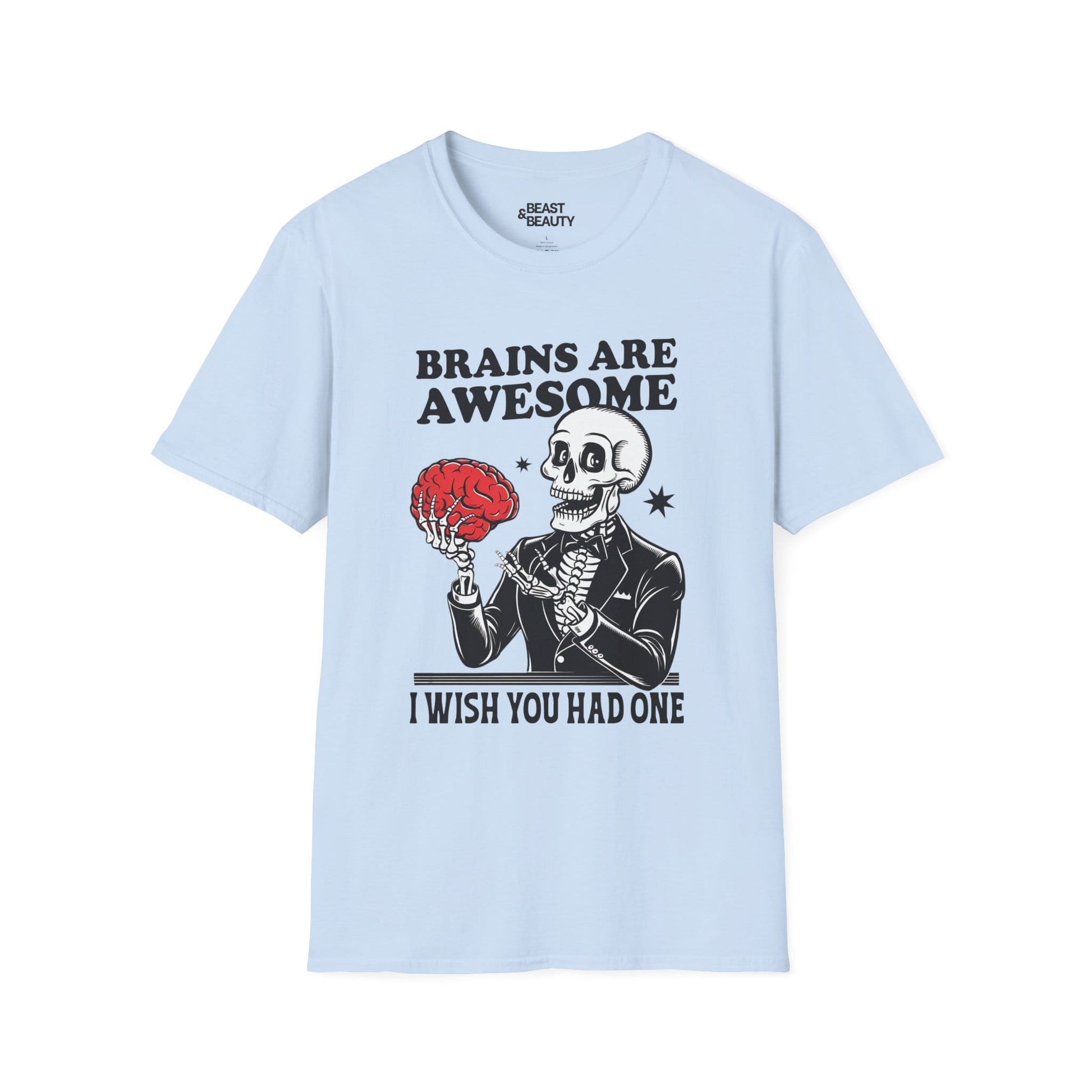 white t-shirt with brains are awesome skeleton dark humor halloween design