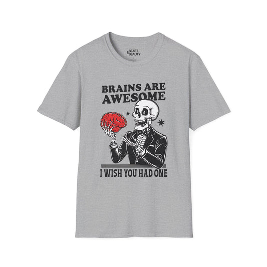 light blue t-shirt with skeleton holding a brain and brains are awesome i wish you had one funny halloween slogan